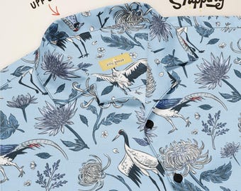 Cranes and Chrysanthemums Bird Button Up, Unisex Oversized Hawaiian Shirt, Ornithologist Bird Watcher Top, Unique Funny Gift Idea