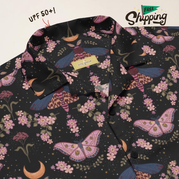 Lepidoptera In Bloom Button Up, Unisex Moth Shirt, Dark Alt Insect Print Top, Nature Witch Magic, Entomology Apparel, Bug Lover Unique Gift