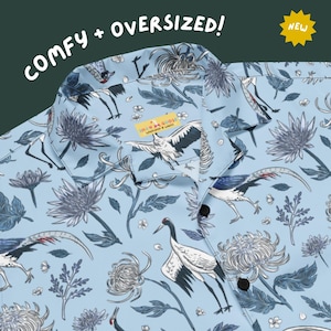 Cranes and Chrysanthemums | Unisex Oversized Button Up Hawaiian Shirt | Birds | Unique Funny Gift Idea