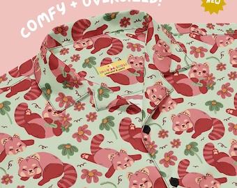Red Panda Picnic | Unisex Oversized Button Up Hawaiian Shirt | Unique Funny Gift Idea, Cute Kawaii Top, Zoo Animal Lover, Fathers Day Gift