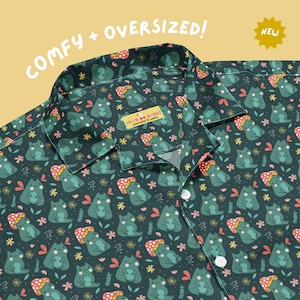 Mushroom Frog | Unisex Oversized Button Up Hawaiian Shirt | Cottagecore | Unique Funny Gift Idea