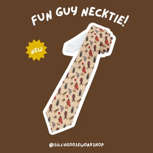 May include: A beige necktie featuring a repeating insect design in red, black, and brown. The text "FUN GUY NECKTIE!" is at the top, with a "NEW" sticker. The shop's name, "@SILLYGOOSEWORKSHOP", is at the bottom.
