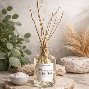 Könnte beinhalten: Ein klarer Glas-Reed-Diffusor mit Schilf, beschriftet mit "White Sage & Sea Salt". Eine kleine Schale mit Salz steht daneben auf einer Steinplatte. Der Hintergrund umfasst Grün und dekorative Steine.