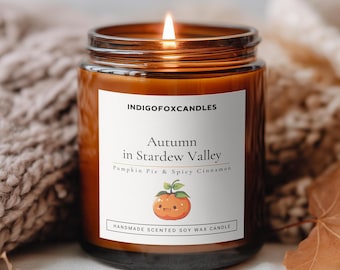 Pumpkin scented candle Stardew Valley Autumn fall pumpkin pie wooden wick candle in glass Spice Caramel Latte gift gamer girlfriend Cozy SDV