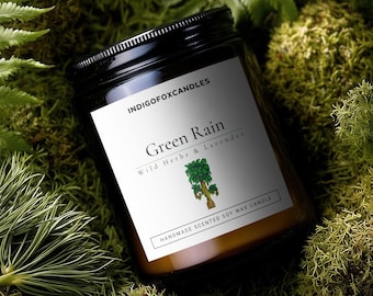 Green Rain Stardew Valley scented candle in a glass jar, soy wax, handmade, wooden wick, gift, Cozy Gaming, Best Friend, Wild Herbs Moss, Summer Rain