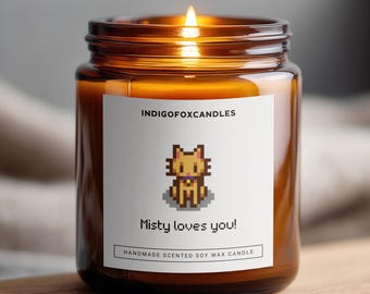Vela perfumada de Stardew Valley con forma de gato, hecha a mano, de cera de soja, personalizable con texto personalizado, ideal como regalo de videojuegos, para tu mejor amigo o cumpleaños.