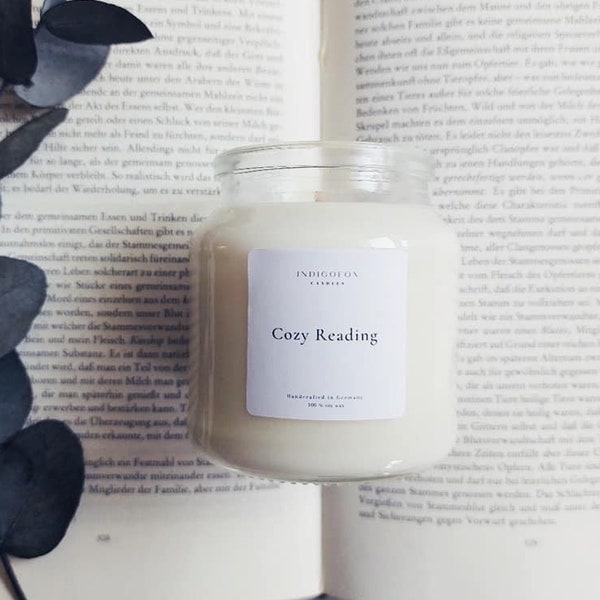 Cozy Reading scented candle in a glass | Soy Wax Candle Personalized Gift Idea | Bookish Candle Vanilla Chestnuts | Handmade Vegan Custom