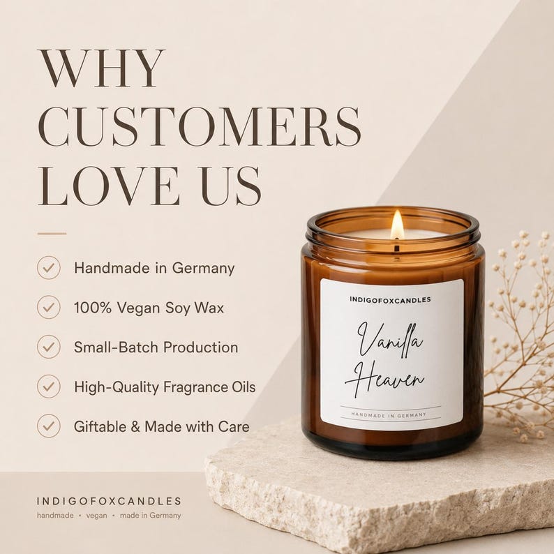 May include: A brown glass jar candle with a white label reading Vanilla Heaven by Indigofoxcandles. The text WHY CUSTOMERS LOVE US is displayed alongside a list of features including handmade in Germany and 100% vegan soy wax.