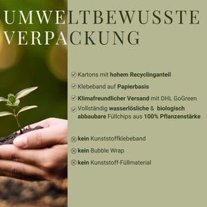 Puede incluir: Imagen que promueve el embalaje ecol&oacute;gico. El texto dice "UMWELTBEWUSSTE VERPACKUNG" (Embalaje respetuoso con el medio ambiente) con vi&ntilde;etas que detallan pr&aacute;cticas sostenibles como cart&oacute;n reciclado y virutas de embalaje biodegradables.