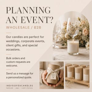 May include: A promotional graphic for Indigo Fox Candles featuring text about wholesale event services. The image displays a white candle in a glass jar, a cylindrical gift box with a thank you tag, and several candles in cardboard tubes.