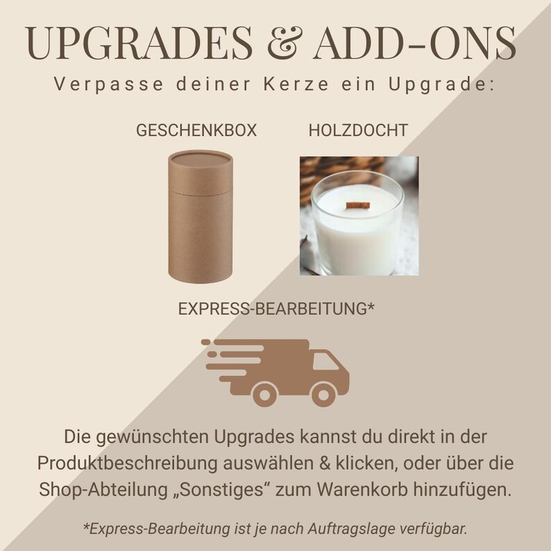 Puede incluir: Imagen que promociona mejoras y complementos para velas. Incluye una caja de regalo, una mecha de madera y una opci&oacute;n de procesamiento expr&eacute;s. El texto dice "UPGRADES & ADD-ONS" e instrucciones sobre c&oacute;mo agregar mejoras.