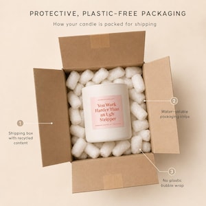 May include: A white candle in a brown cardboard shipping box filled with white water-soluble packaging chips. The candle label features the text: You Work Harder Than an Ugly Stripper. The image includes labels for shipping box, packaging chips, and no plastic.