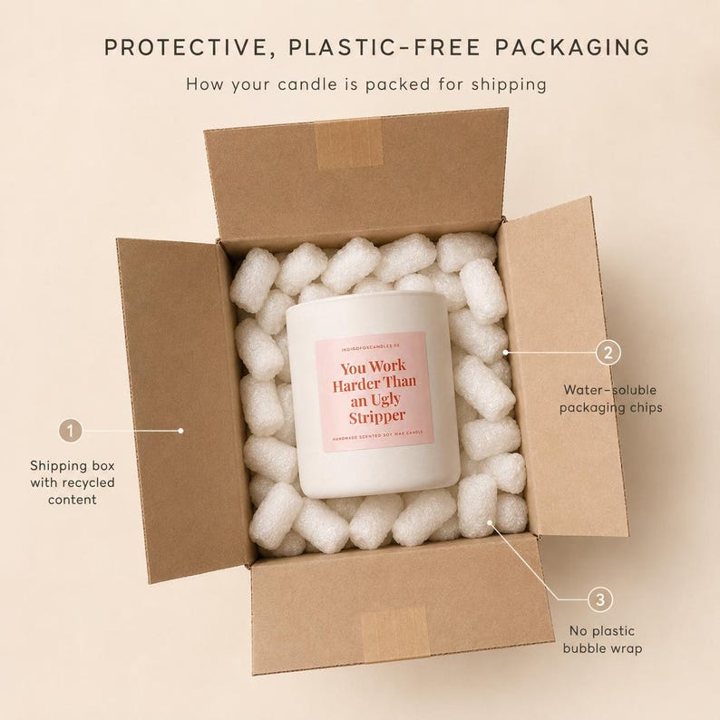 May include: A white candle in a brown cardboard shipping box filled with white water-soluble packaging chips. The candle label features the text: You Work Harder Than an Ugly Stripper. The image includes labels for shipping box, packaging chips, and no plastic.
