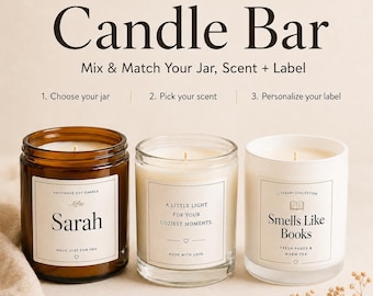 Mix & Match Kaarsenbar: Gepersonaliseerde geurkaars in een glazen pot met je eigen tekst. Ontwerp je eigen kaars met afbeelding en tekst. Een perfect cadeau voor verjaardagen, bruiloften en geboortes.