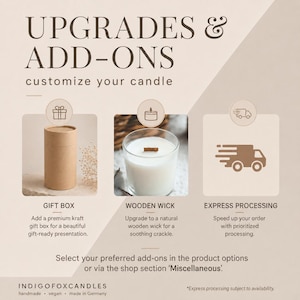 May include: An informational graphic titled UPGRADES & ADD-ONS customize your candle. It displays three options: a cylindrical kraft gift box, a glass candle with a wooden wick, and a truck icon for express processing. Text includes shop details.
