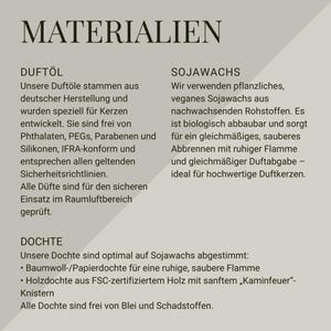 Puede incluir: Una hoja de informaci&oacute;n del producto titulada "MATERIALIEN" en texto alem&aacute;n en negrita. Enumera los ingredientes: aceites esenciales, cera de soja y mechas. La hoja proporciona detalles sobre la composici&oacute;n y seguridad del producto.