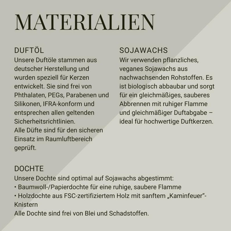 Puede incluir: Una hoja de informaci&oacute;n del producto titulada "MATERIALIEN" en texto alem&aacute;n en negrita. Enumera los ingredientes: aceites esenciales, cera de soja y mechas. La hoja proporciona detalles sobre la composici&oacute;n y seguridad del producto.