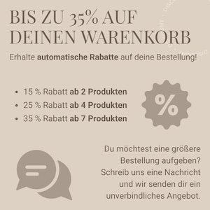 May include: Promotional graphic with text in German, offering discounts up to 35% on purchases. Includes details on discount tiers: 15% off 2 items, 25% off 4 items, and 35% off 7 items. A percentage symbol is also shown.