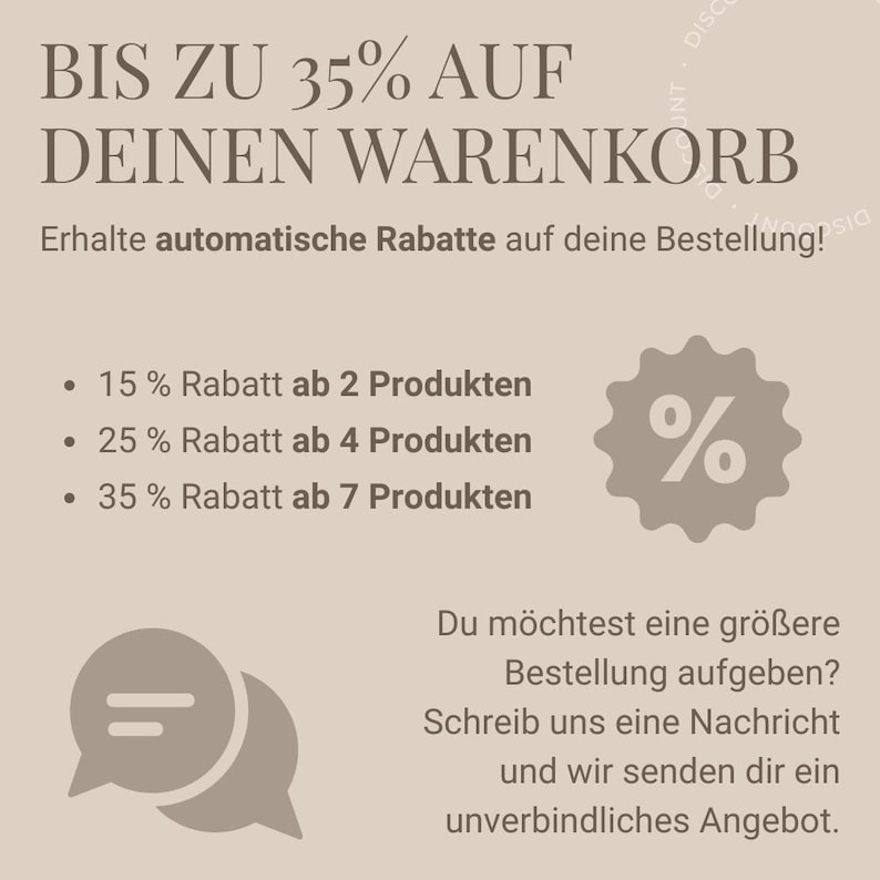 May include: Promotional graphic with text in German, offering discounts up to 35% on purchases. Includes details on discount tiers: 15% off 2 items, 25% off 4 items, and 35% off 7 items. A percentage symbol is also shown.
