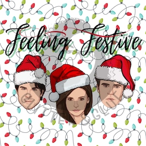 May include: Three cartoon characters wearing Santa hats with the text "Feeling Festive" above them. The background is a white pattern of red, green, and blue Christmas lights.