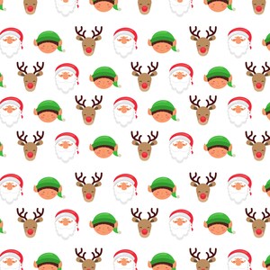 May include: A repeating pattern of Christmas characters on a white background. The pattern includes Santa Claus, reindeer, and elves. Santa wears a red hat and has a white beard. The reindeer have brown antlers and red noses. The elves wear green hats.