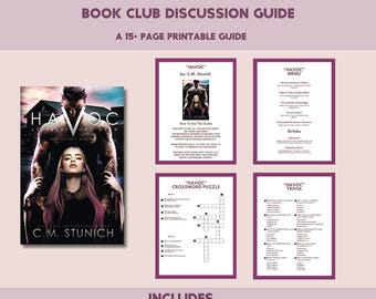 Kit imprimible para el club de lectura "Estragos en Prescott High" de C.M. Stunich, preguntas para debatir, trivias y actividad de romance oscuro de Booktok para lectores.