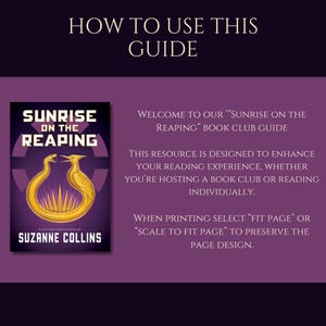 Peut inclure: Un guide violet intitul&eacute; "Comment utiliser ce guide" pour un club de lecture. Il pr&eacute;sente la couverture du livre "Sunrise on the Reaping" de Suzanne Collins, avec un motif d'oiseau dor&eacute;. Le guide propose des conseils de lecture.