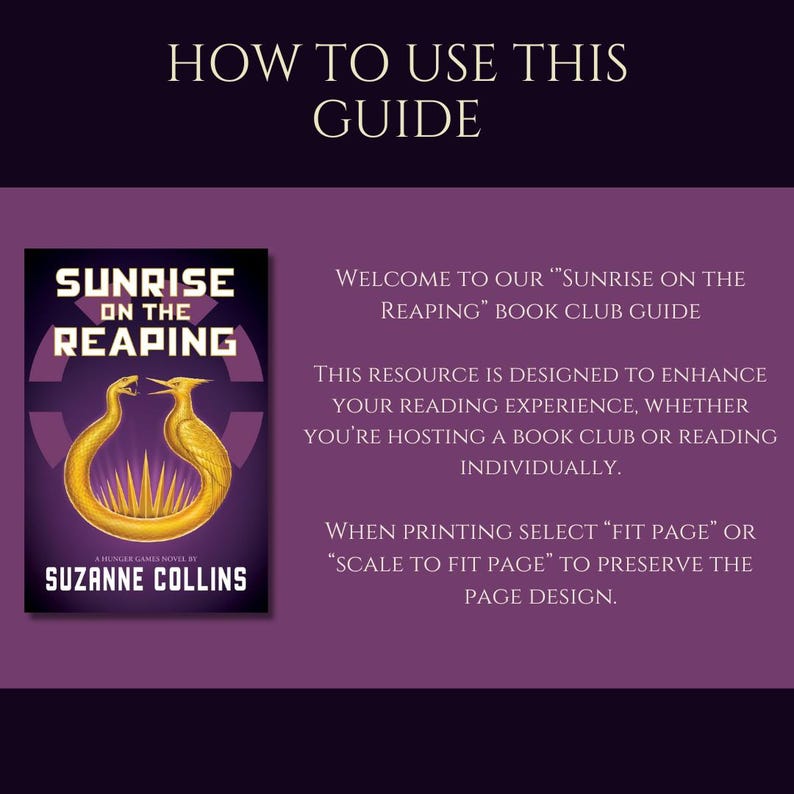 Peut inclure: Un guide violet intitul&eacute; "Comment utiliser ce guide" pour un club de lecture. Il pr&eacute;sente la couverture du livre "Sunrise on the Reaping" de Suzanne Collins, avec un motif d'oiseau dor&eacute;. Le guide propose des conseils de lecture.