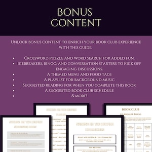 Peut inclure: Visuel violet avec du texte blanc annon&ccedil;ant du contenu bonus pour un club de lecture. Il comprend un mot crois&eacute;, des brise-glaces, un menu th&eacute;matique et une liste de lecture pour enrichir l'exp&eacute;rience.