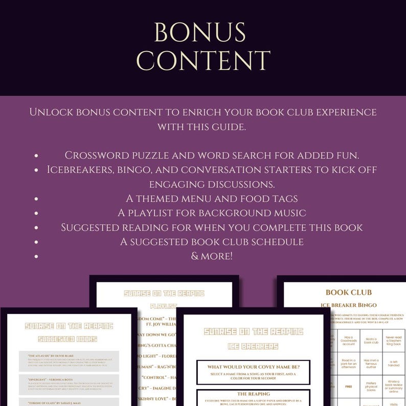 Peut inclure: Visuel violet avec du texte blanc annon&ccedil;ant du contenu bonus pour un club de lecture. Il comprend un mot crois&eacute;, des brise-glaces, un menu th&eacute;matique et une liste de lecture pour enrichir l'exp&eacute;rience.