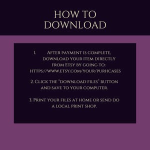 Peut inclure: Un guide de t&eacute;l&eacute;chargement num&eacute;rique avec des instructions sur la fa&ccedil;on de t&eacute;l&eacute;charger des articles depuis Etsy. Le texte est en blanc sur un fond violet fonc&eacute; et mauve. Le guide comprend les &eacute;tapes pour t&eacute;l&eacute;charger les fichiers apr&egrave;s l'achat.