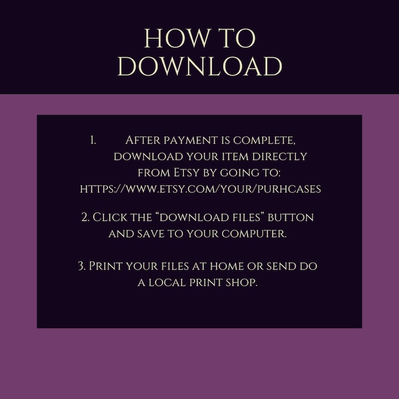 Peut inclure: Un guide de t&eacute;l&eacute;chargement num&eacute;rique avec des instructions sur la fa&ccedil;on de t&eacute;l&eacute;charger des articles depuis Etsy. Le texte est en blanc sur un fond violet fonc&eacute; et mauve. Le guide comprend les &eacute;tapes pour t&eacute;l&eacute;charger les fichiers apr&egrave;s l'achat.