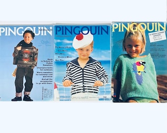 Lote de 3 revistas de tejido Pingouin, patrones clásicos infantiles vintage. Las revistas se encuentran en buen estado, con desgaste normal.