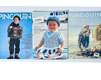 Lote de 3 revistas de tejido Pingouin, patrones clásicos infantiles vintage. Las revistas están en muy buen estado, con desgaste normal.