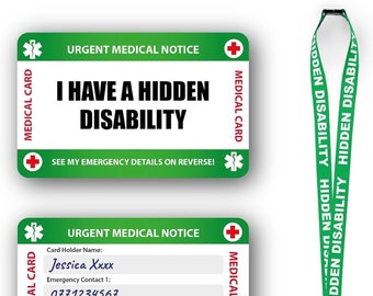 Hidden Disability Medical Alert Card, Medical Emergency Contact Card With Writable Panel and Patterned Lanyard