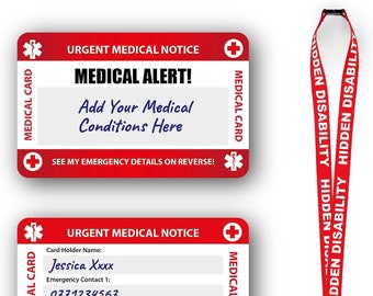 Medical Alert Card, Medical Condition Info Card with Writable Panel and Patterned Lanyard, Medical Emergency Contact Card