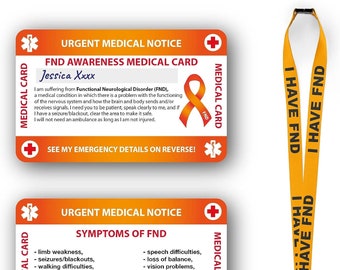 Functional Neurological Disorders (FND) Medical Card, FND Card with Writable Panel and Patterned Lanyard, FND Emergency Contact Card