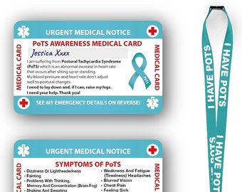 Postural orthostatic Tachycardia Syndrome Awareness (PoTS) Medical Card, PoTS Card with Writable Panel and Patterned Lanyard