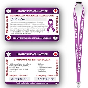 Medizinische Karte für Fibromyalgie, Fibromyalgie mit beschreibbarem Panel und gemustertem Lanyard, Notfallkontaktkarte für Fibromyalgie