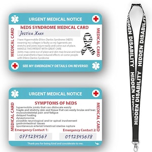 Hypermobiles Ehlers-Danlos-System (hEDS) Medizinische Karte, hEDS Karte mit beschreibbarem Panel und gemustertem Lanyard, hEDS Notfallkontaktkarte