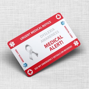 Dyslexiekaart Emergency Wallet Card - Dyslexie Medische Kaart - PVC Card Creditcard Grootte en Hetzelfde Materiaal