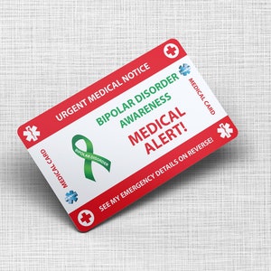 Bipolar Disorder Emergency Wallet Card - Bipolar Disorder Medical Card - PVC Card Credit Card Size e Same Material