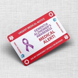Demencia enfermedad de Alzheimer Tarjeta monedero de emergencia- I.C.E Id. - Tarjeta médica - Tamaño de la tarjeta de crédito de la tarjeta de PVC y el mismo material