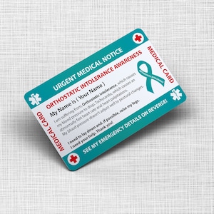 Orthostatic Intolerance Awareness Wallet Insert Medical Card - Invisible Disability - Credit Card Size And Same Material