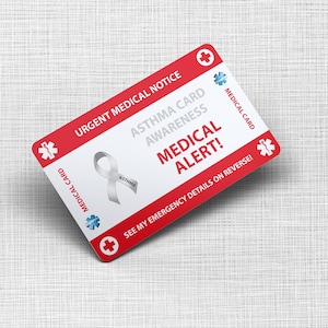 Tarjeta de billetera de emergencia de concientización sobre el asma - Tarjeta médica de asma - Cordón - Assthma Pin Button Badge Tamaño de la tarjeta bancaria y el mismo material