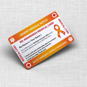 Multiple Sclerosis Card, MS Emergency PVC Card, Lanyard Pin Button Badge - Bank Card Size and Same Material