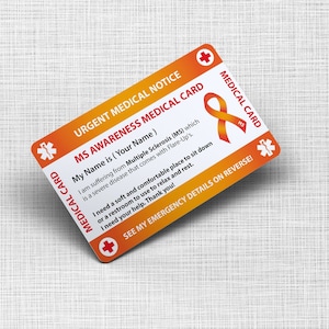Carte pour la sclérose en plaques, carte d'urgence MS en PVC, badge avec épingle pour cordon - Format carte bancaire et même matériau