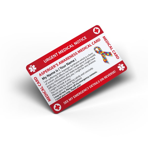 Asperger Syndrome Awareness Wallet Insert Medical Card - Invisible Disability - Credit Card Size And Same Material