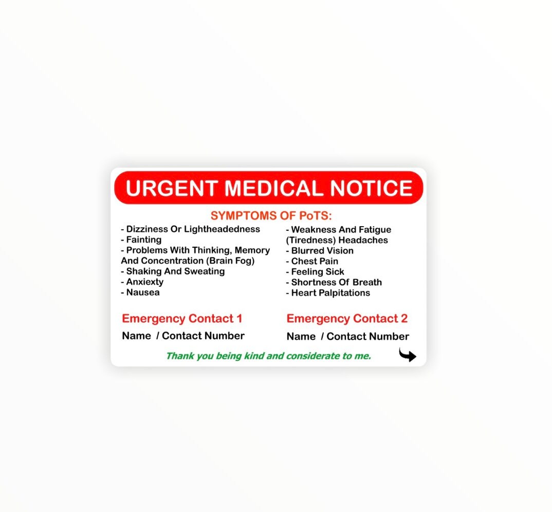 PoTS Awareness Medical Card Personalised Disability Etsy
