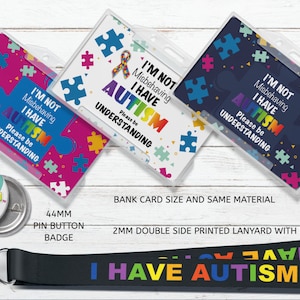 No me estoy comportando mal tengo tarjeta de identificación de concienciación sobre el autismo con Breakaway Lanyard - Insignia de cordón y botón pin y llavero
